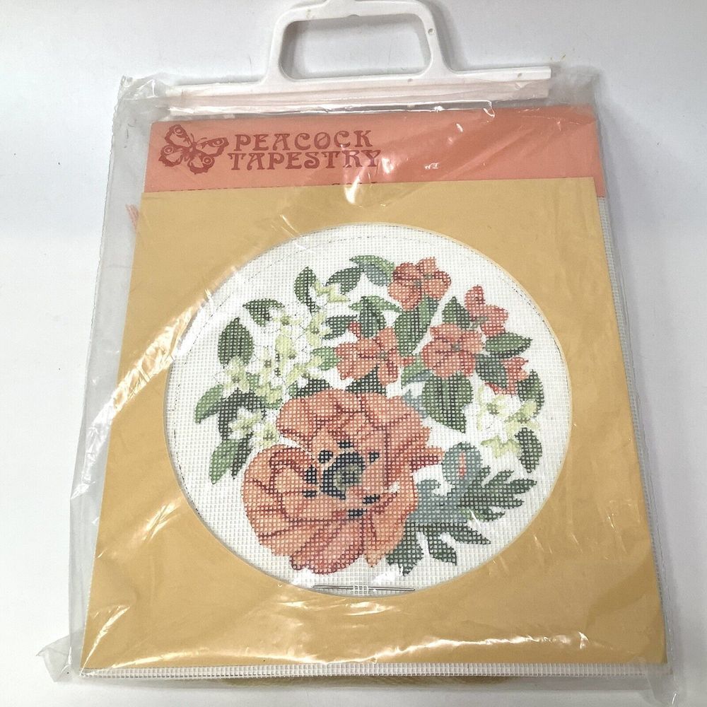 Vintage Peacock Crewel Needlework Tapestry A Garden Calendar G06 June Poppies